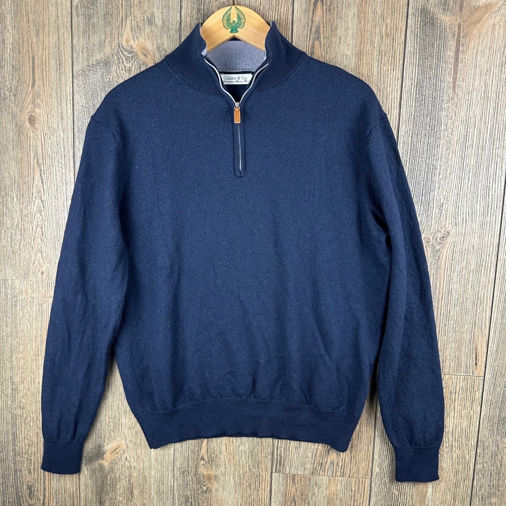 Collars & Co Navy Blue 100% Australian Merino Wool 1/4 Zip Sweater Mens Medium